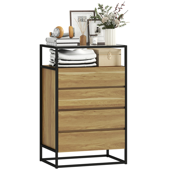 Cómoda 4 Cajones, Cómoda Dormitorio con Superficie de Vidrio Templado, Estante Abierto, Estructura de Acero, Cajonera para Salón, Oficina, 60x40x94,5 cm, Teca