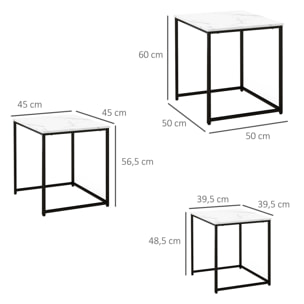 Juego de 3 Mesas Auxiliares para Salón, Mesas Nido con Efecto Mármol y Marco de Acero, Estilo Moderno, para Sala de Estar, Dormitorio, Blanco
