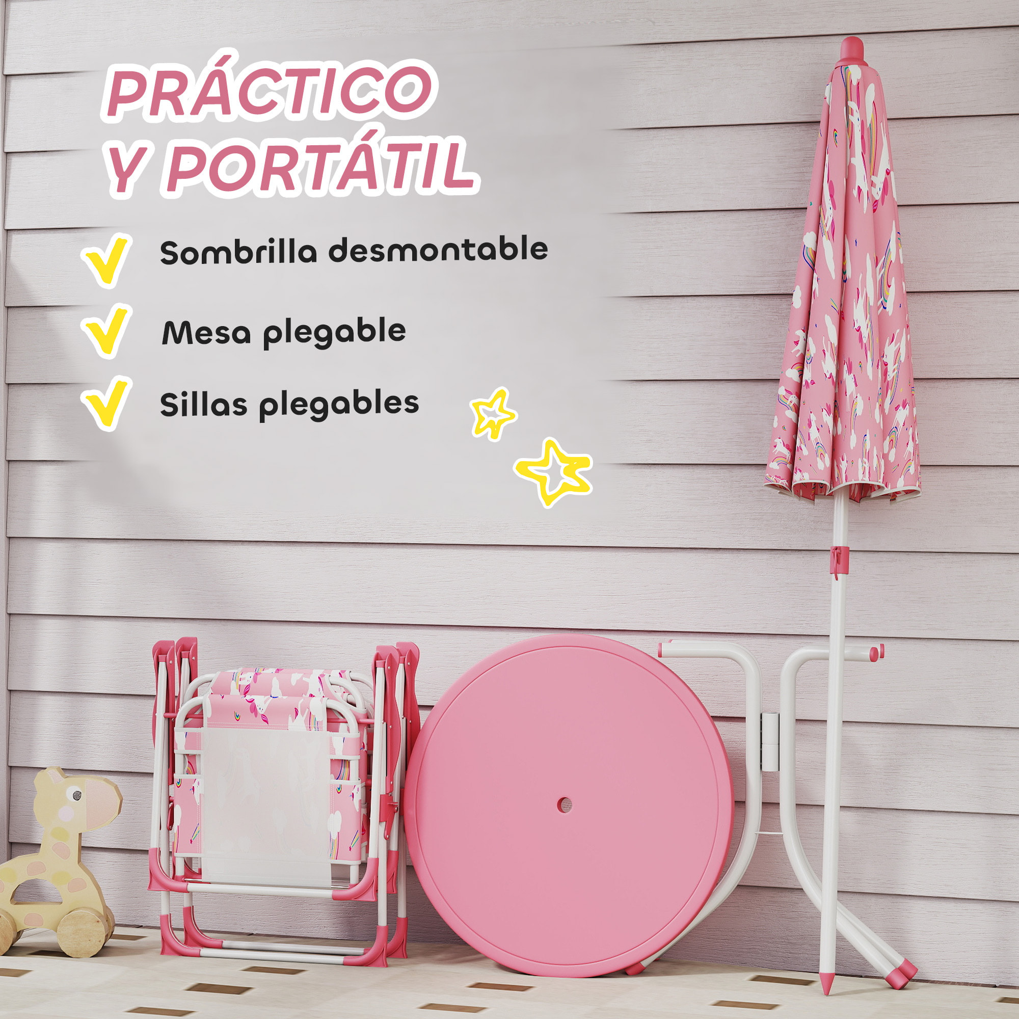 Conjunto de Mesa y Sillas Infantil de Jardín de 4 Piezas, Mesa Infantil con Sillas Plegables, Sombrilla Desmontable, Diseño de Unicornios y Arcoíris, para Patio, Pícnic, Rosa