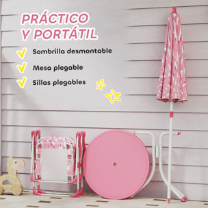 Conjunto de Mesa y Sillas Infantil de Jardín de 4 Piezas, Mesa Infantil con Sillas Plegables, Sombrilla Desmontable, Diseño de Unicornios y Arcoíris, para Patio, Pícnic, Rosa