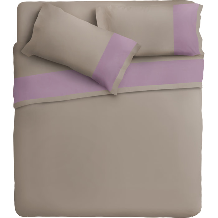 Completo letto bordo RASO IPERSAN Puro Cotone Malva fondo Tortora