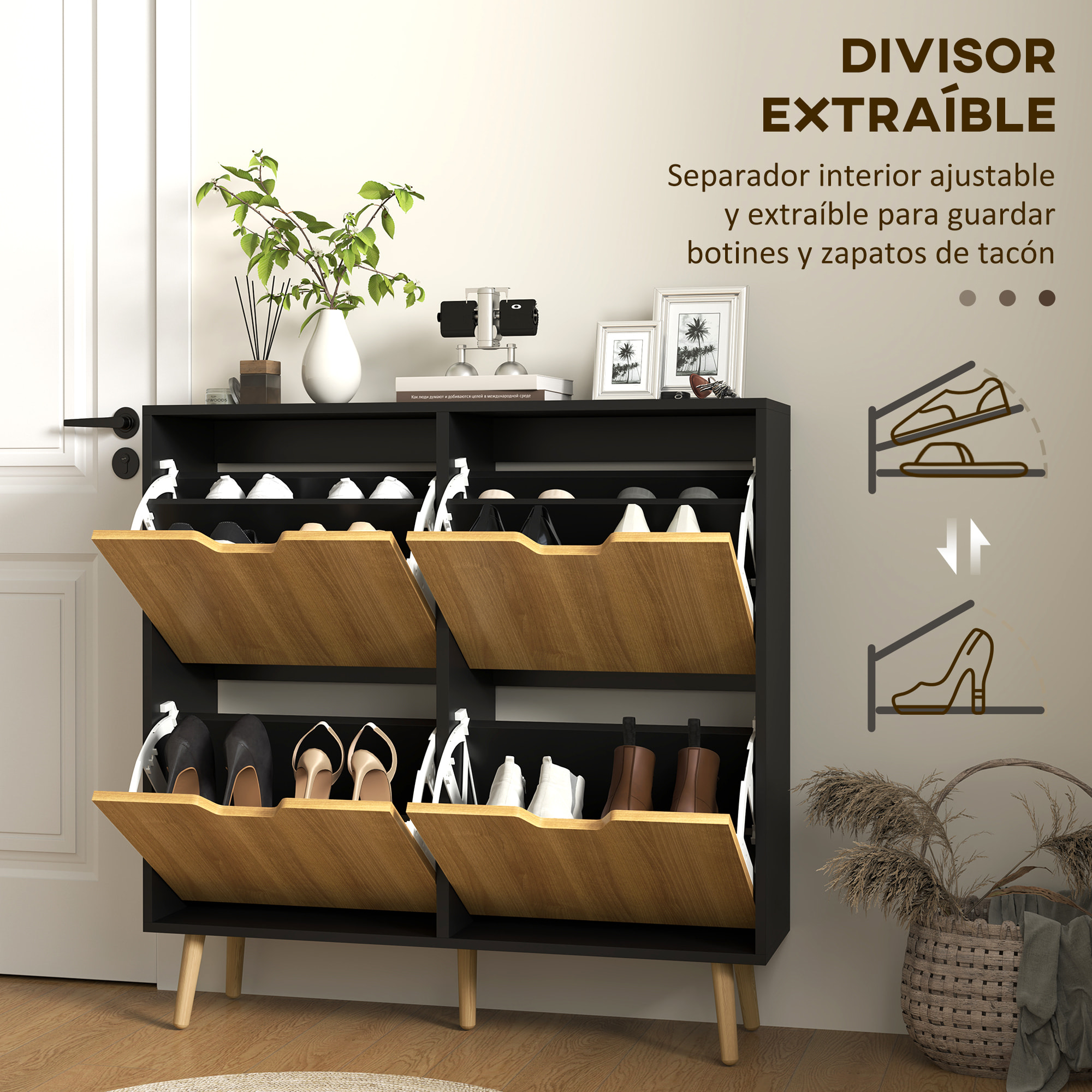 Zapatero Estrecho con 4 Cajones Abatibles, Zapatero Entrada Recibidor con Patas de Madera y Estantes Ajustables, para 16 Pares de Zapatos, para Pasillo, 95x26x95 cm, Natural y Negro