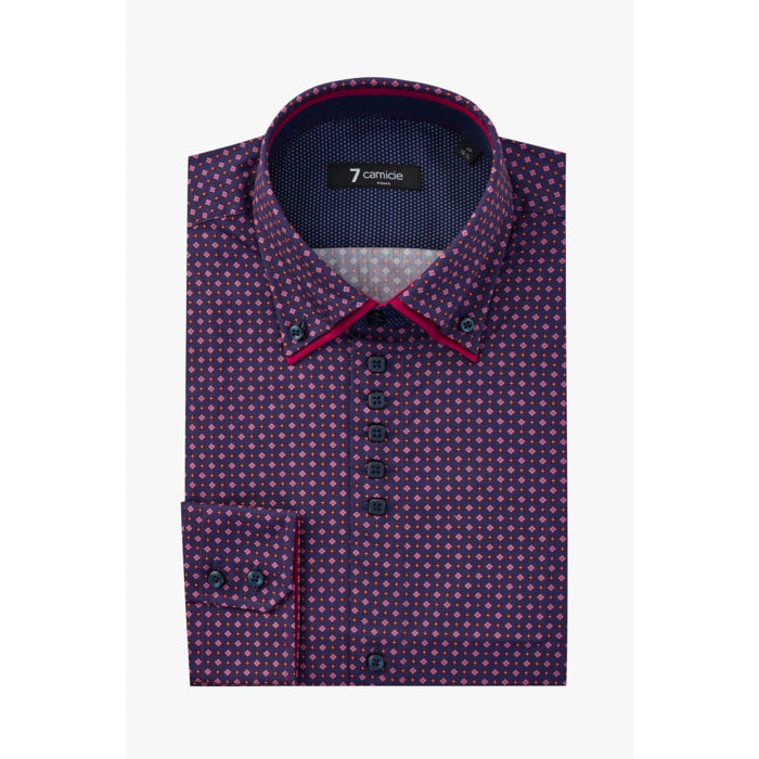 Camicia Uomo 2 Bottoni Button Down 7bottoni Doppio Coll Popeline Stampato melanzana e bordeaux