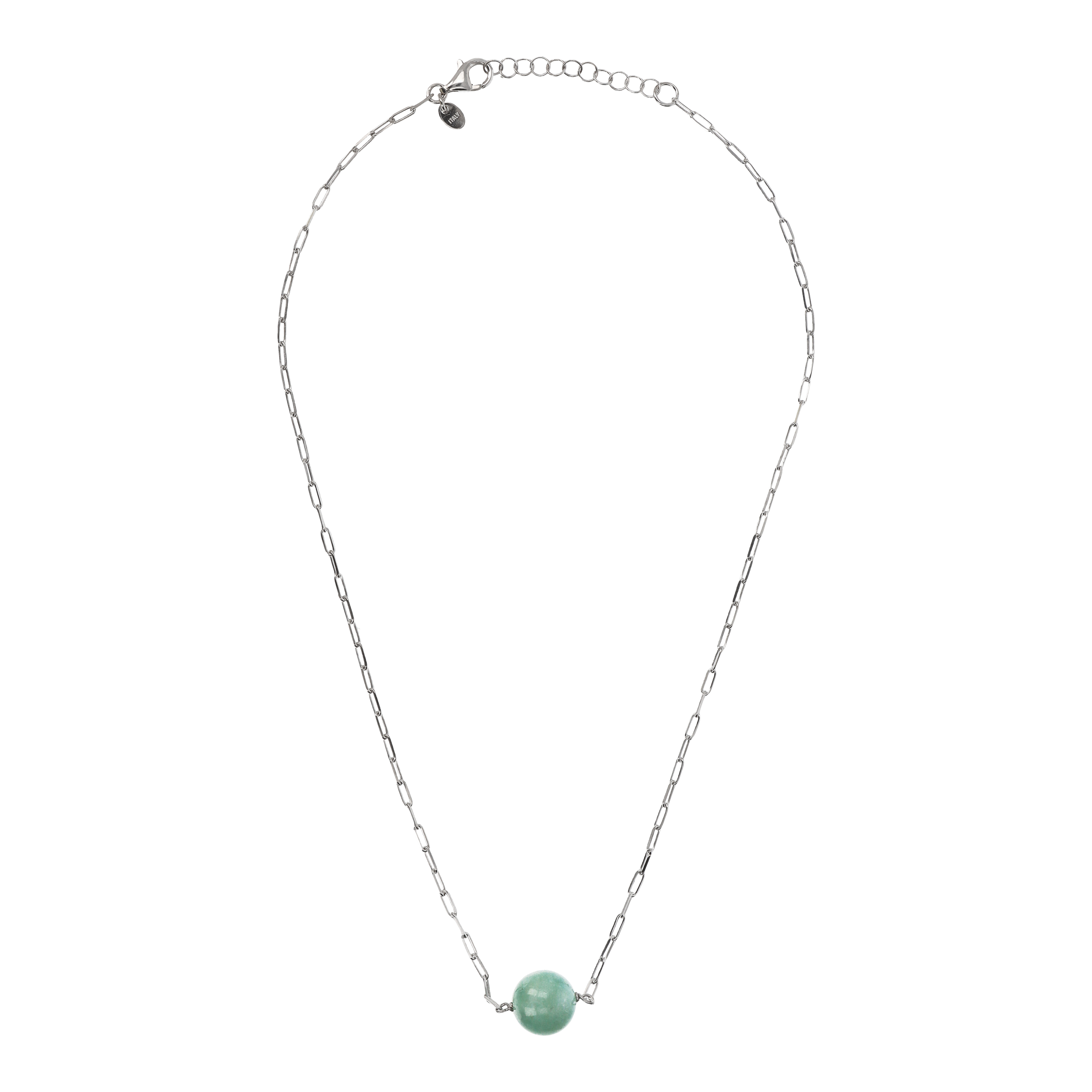 Collana Catena Forzatina con Pendente Sferico in Pietra Naturale Quarzite Verde in Argento 925 placcato Rodio