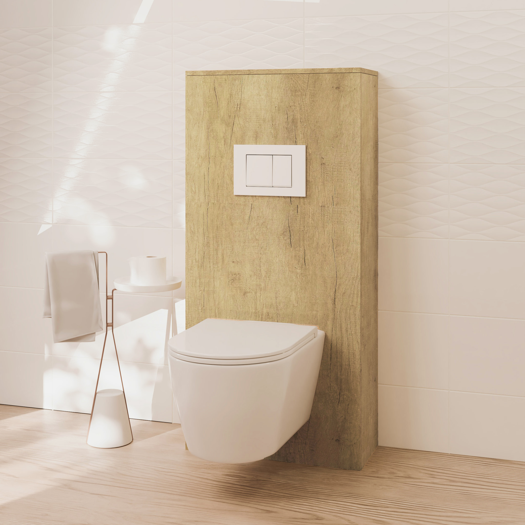 Pack Wc Suspendido + Bastidor + Caja Nature | Inodoro Blanco Brillo | Pulsador Blanco | Cisterna Empotrada | Tapa Amortiguada | Alday