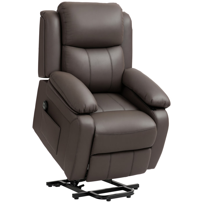Sillón Relax Reclinable Eléctrico Levanta Personas, Sillón Elevador, con Respaldo Alto, Control Remoto, Reposapiés, Acolchado Grueso, Tapizado en PU, Bolsillos Laterales, Marrón Oscuro