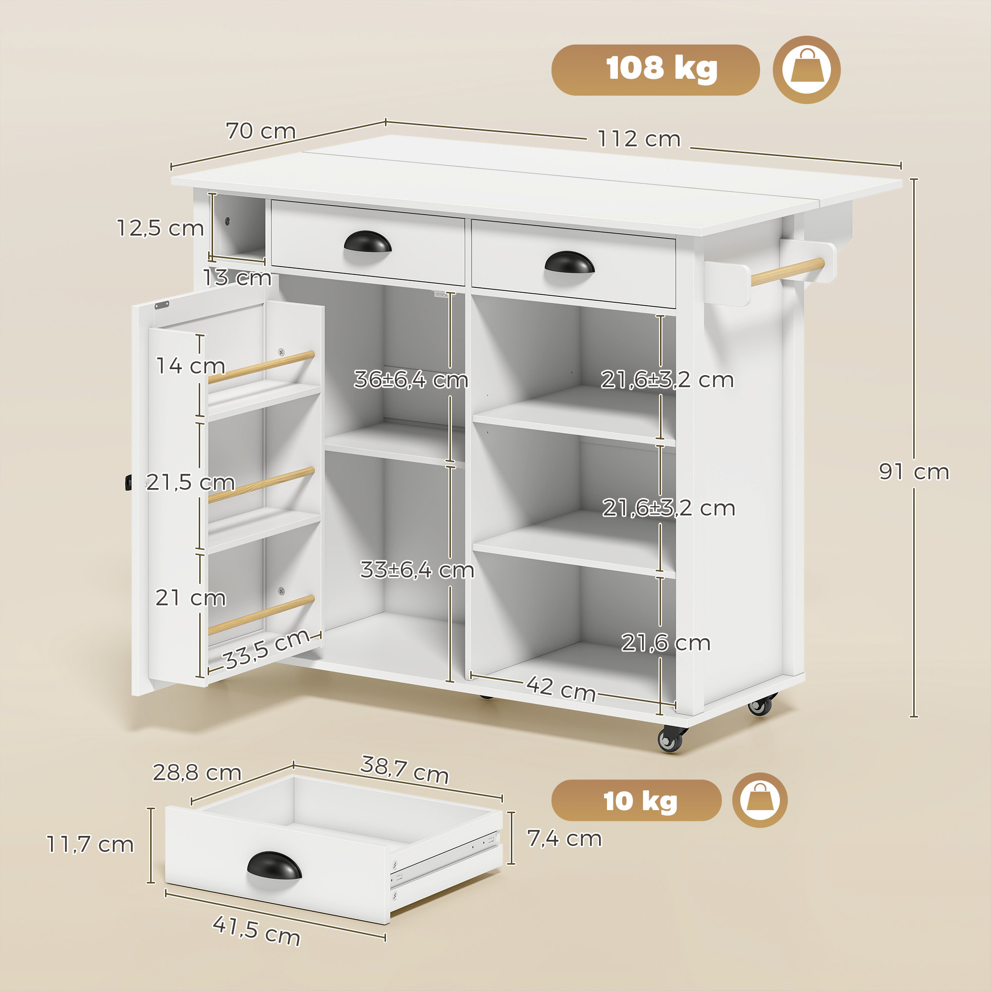 Isla de Cocina con Tablero Plegable y Ruedas, Mueble Auxiliar de Cocina con Especiero, Toallero, Armario, 2 Cajones, Estantes Abiertos, 117,5x70x91 cm, Blanco