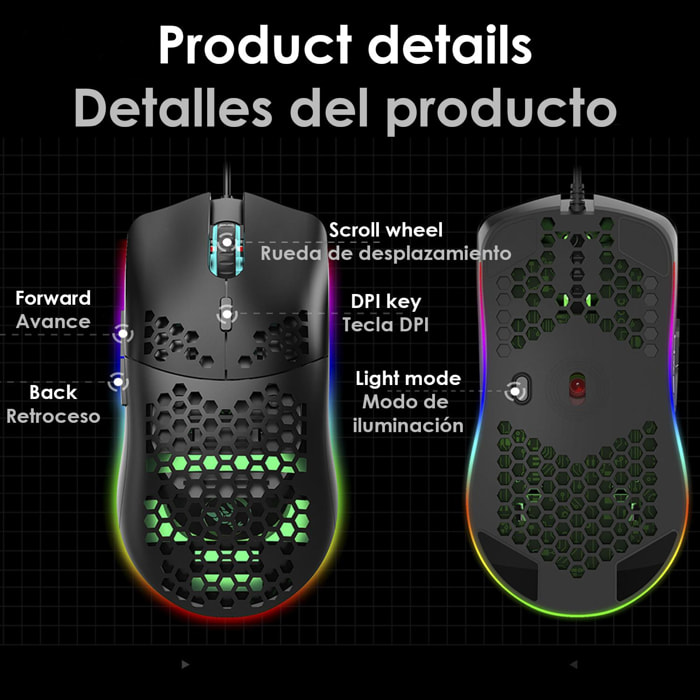 Mouse da gioco C-7, fino a 16.000 DPI, 1000 Hz, 7 pulsanti programmabili. Illuminazione LED RGB.