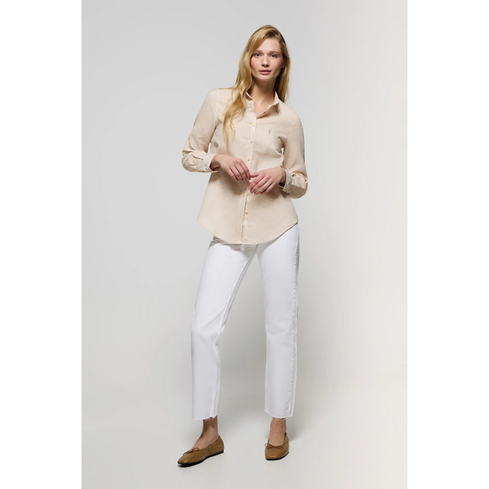 Camicia beige in lino e cotone con particolare ricamato Rigby Go