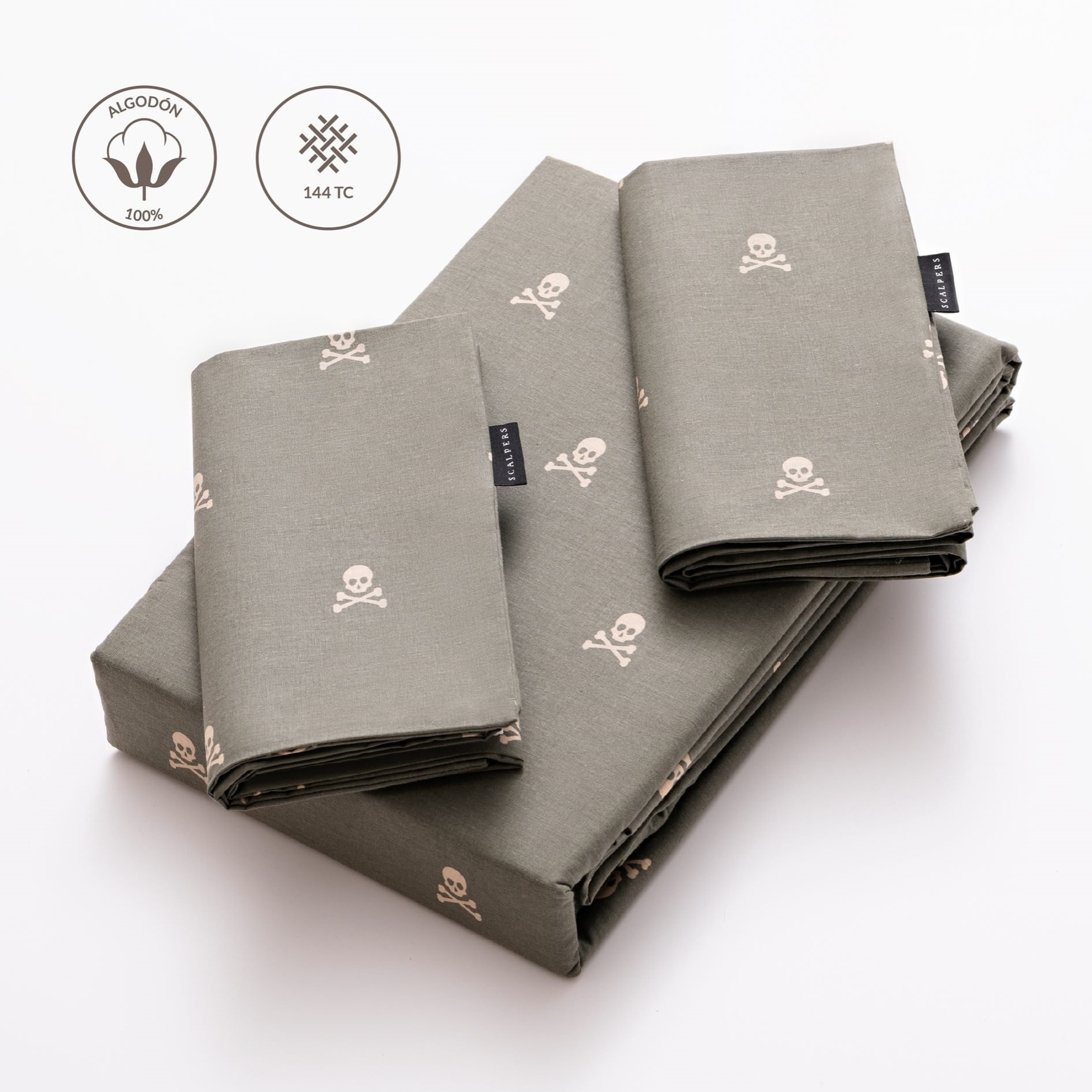 Set cama (funda nórdica 250x230cm + 2 fundas almohada 50x85cm) 100% algodón 144tc beige & khakhi calaveras scalpers home