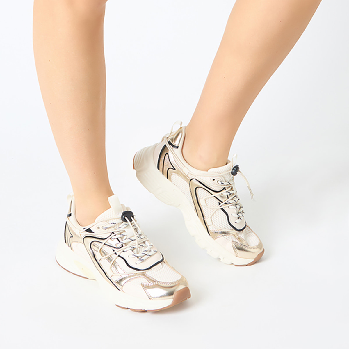 Sneakers donna beige-oro in tessuto