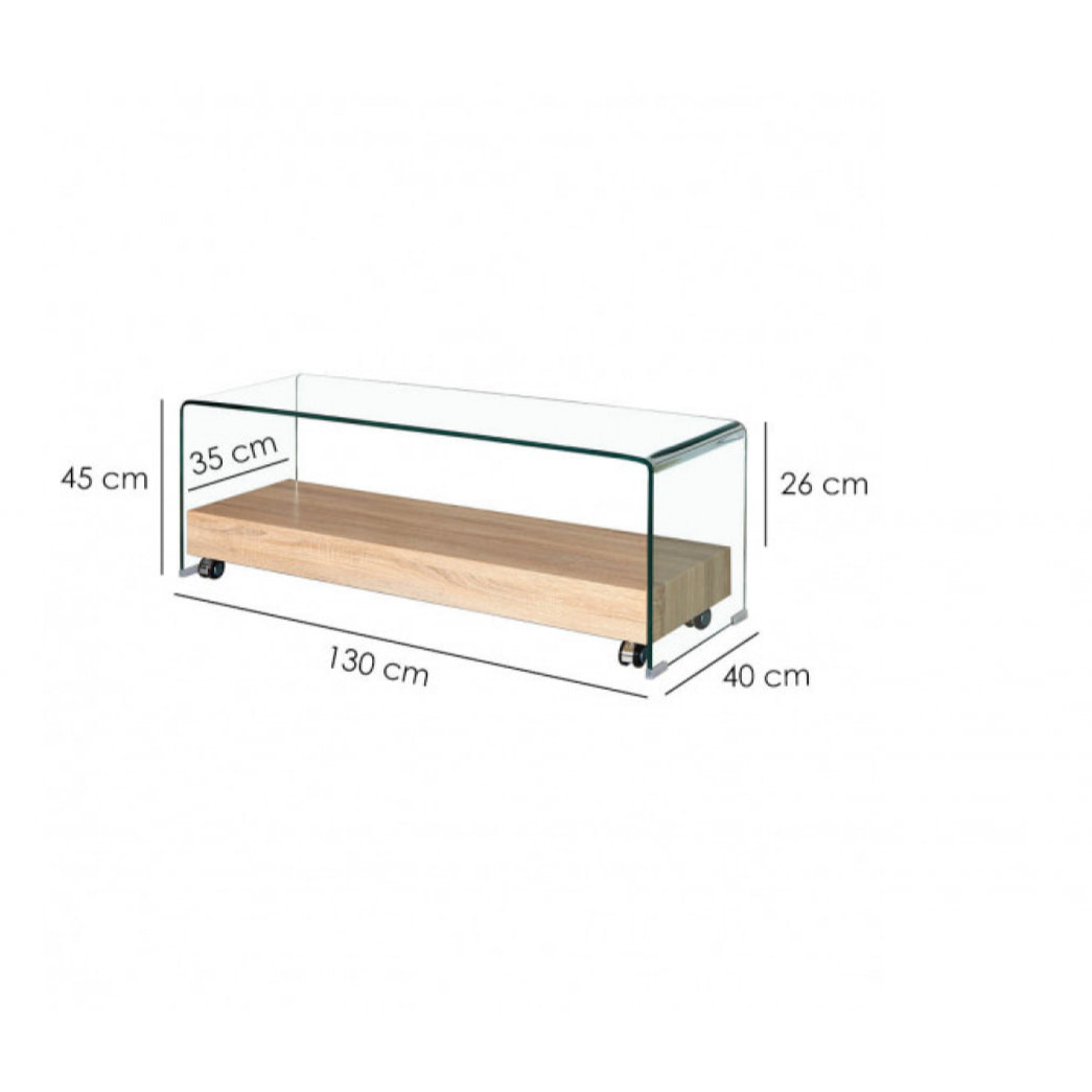 Meuble TV en verre trempé transparent avec étagère en bois - GLASS