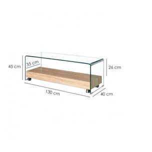 Meuble TV en verre trempé transparent avec étagère en bois - GLASS