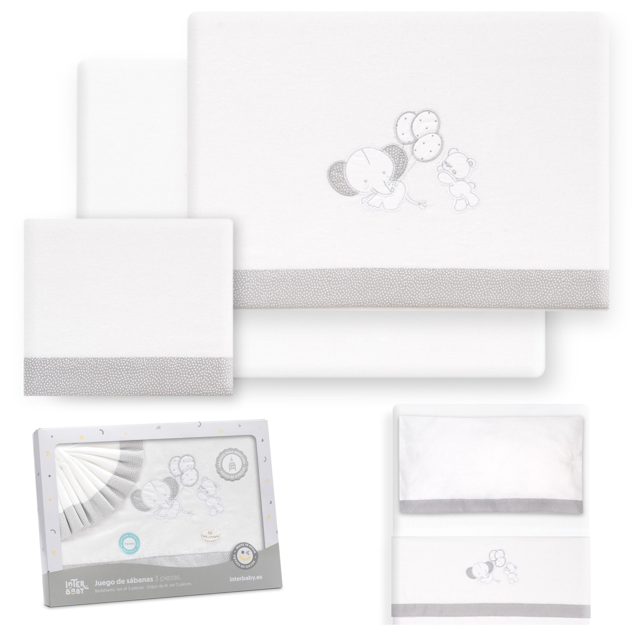 Triptico Minicuna Franela Oso Elefante Globos Bco/Gris