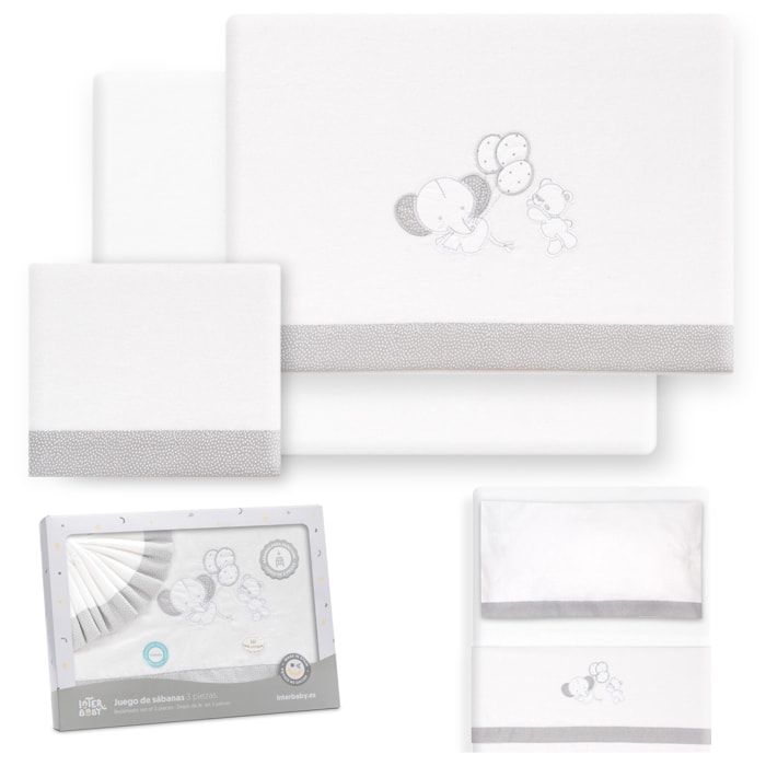 Triptico Minicuna Franela Oso Elefante Globos Bco/Gris