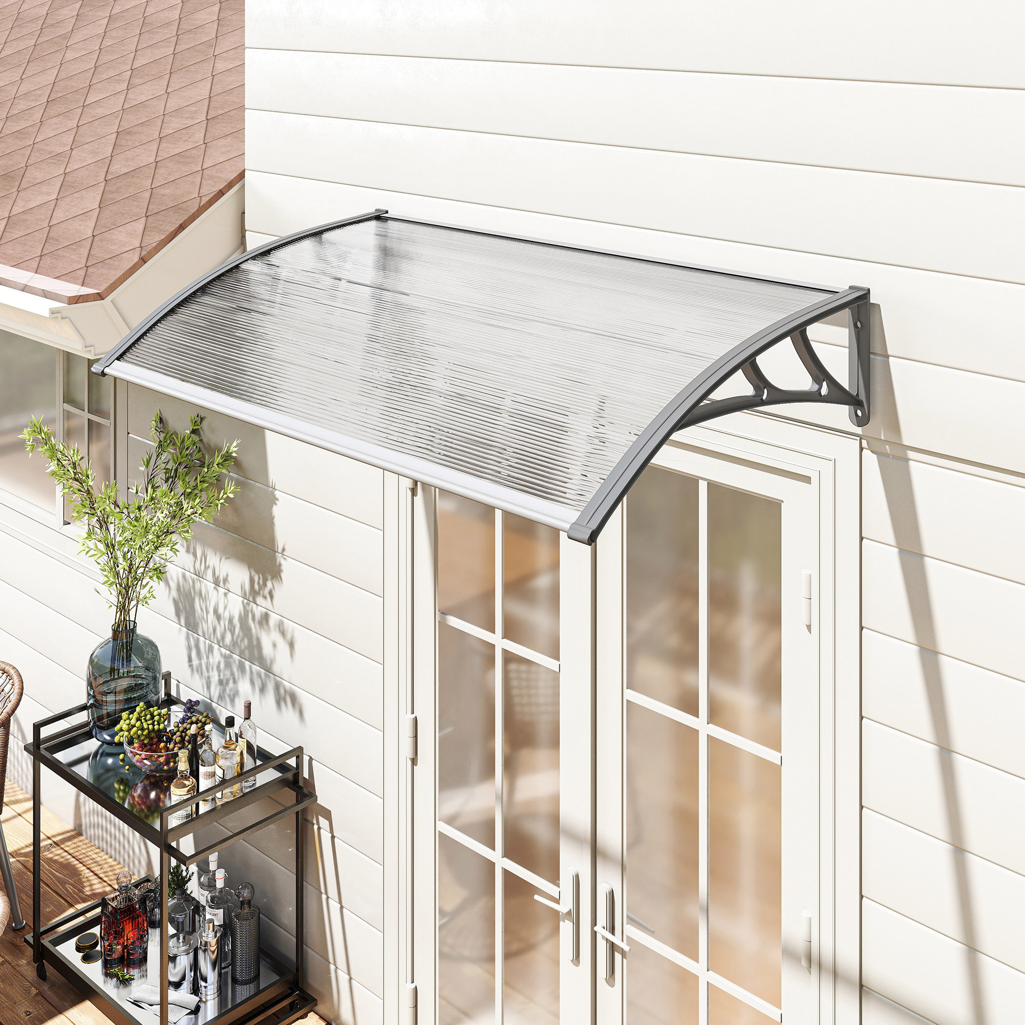 Marquesinas Exterior para Puertas y Ventanas, 110x60 cm, Tejadillo de Protección contra Sol y Lluvia, con Cubierta de Policarbonato, Soportes de PP y Regleta de Aluminio, Gris y Transparente