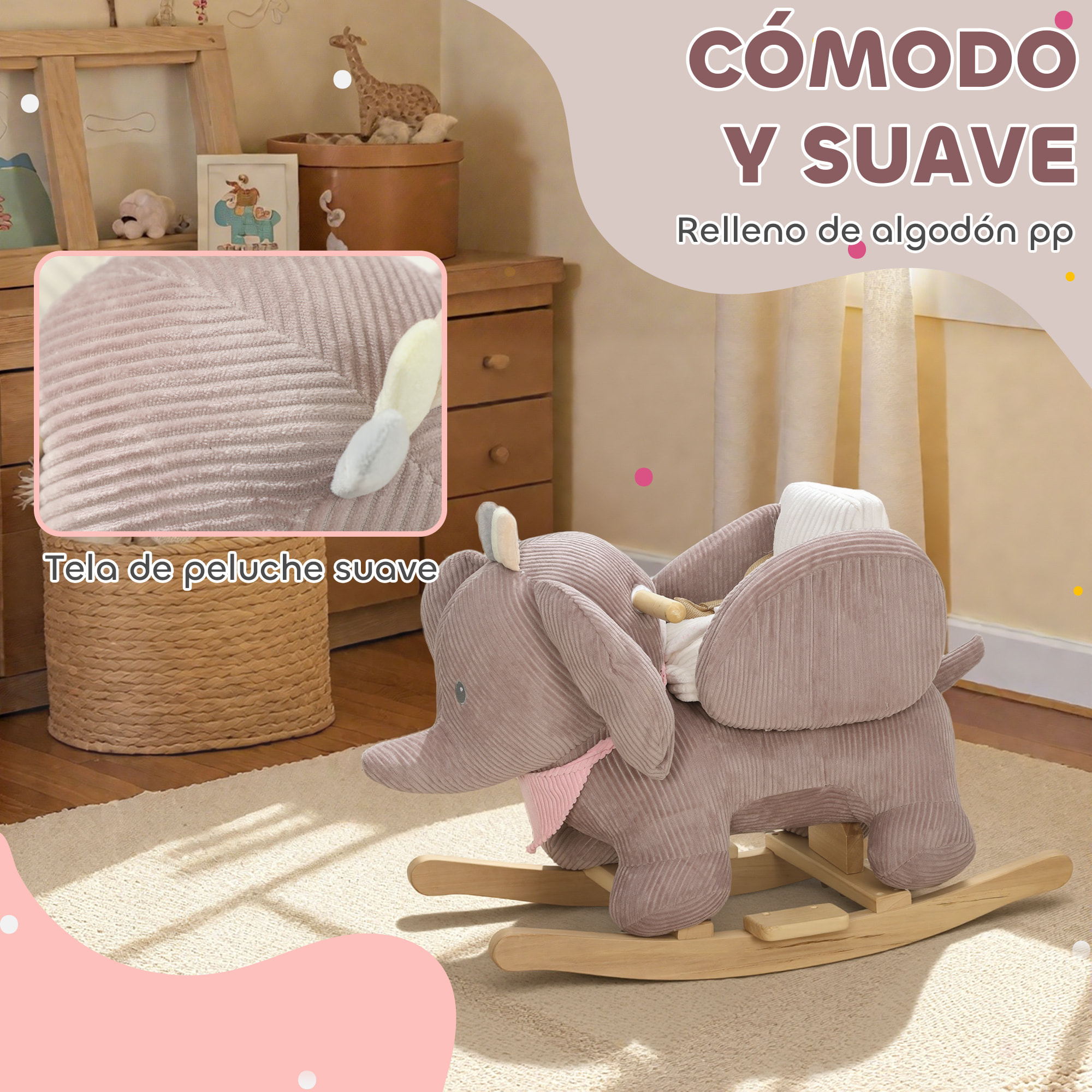 Caballito Balancín para Bebés con Sonido de Elefante y Cinturón de Seguridad de 3 Puntos Caballo Juguete con Base de Madera de Álamo para Niños de 18-36 Meses Marrón