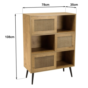 CHARLIE - Buffet marron 3 niches 3 portes effet cannage pieds métal
