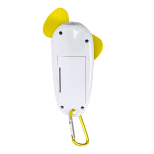 Ventilador portátil con linterna LED integrada y mosquetón para transporte.