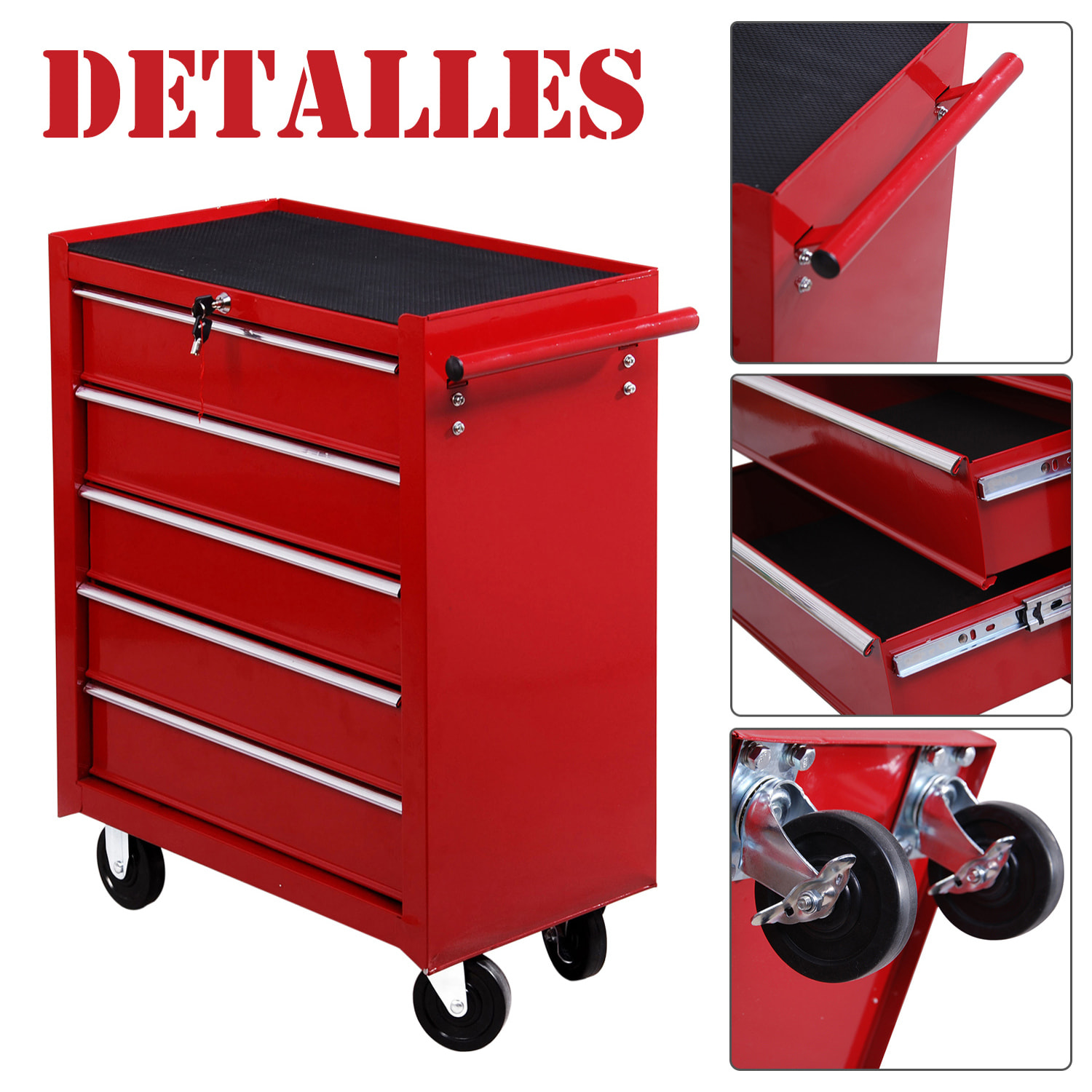 HOMCOM Carro caja de herramientas taller movil con 5 cajones 4 ruedas chapa de Acero Rojo