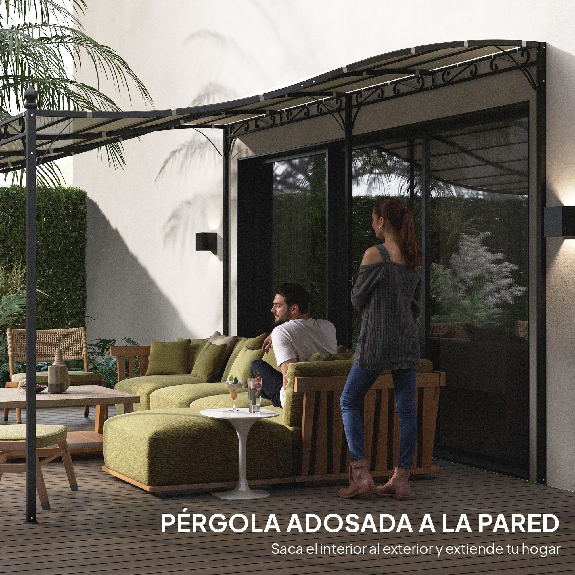 Pérgola de Pared de Jardín 3x6 m, Cenador de Jardín con Techo Inclinado, Orificios de Drenaje y Estructura Metálica, Resistente a la Intemperie, para Patio, Terraza, Balcón, Blanco Crema