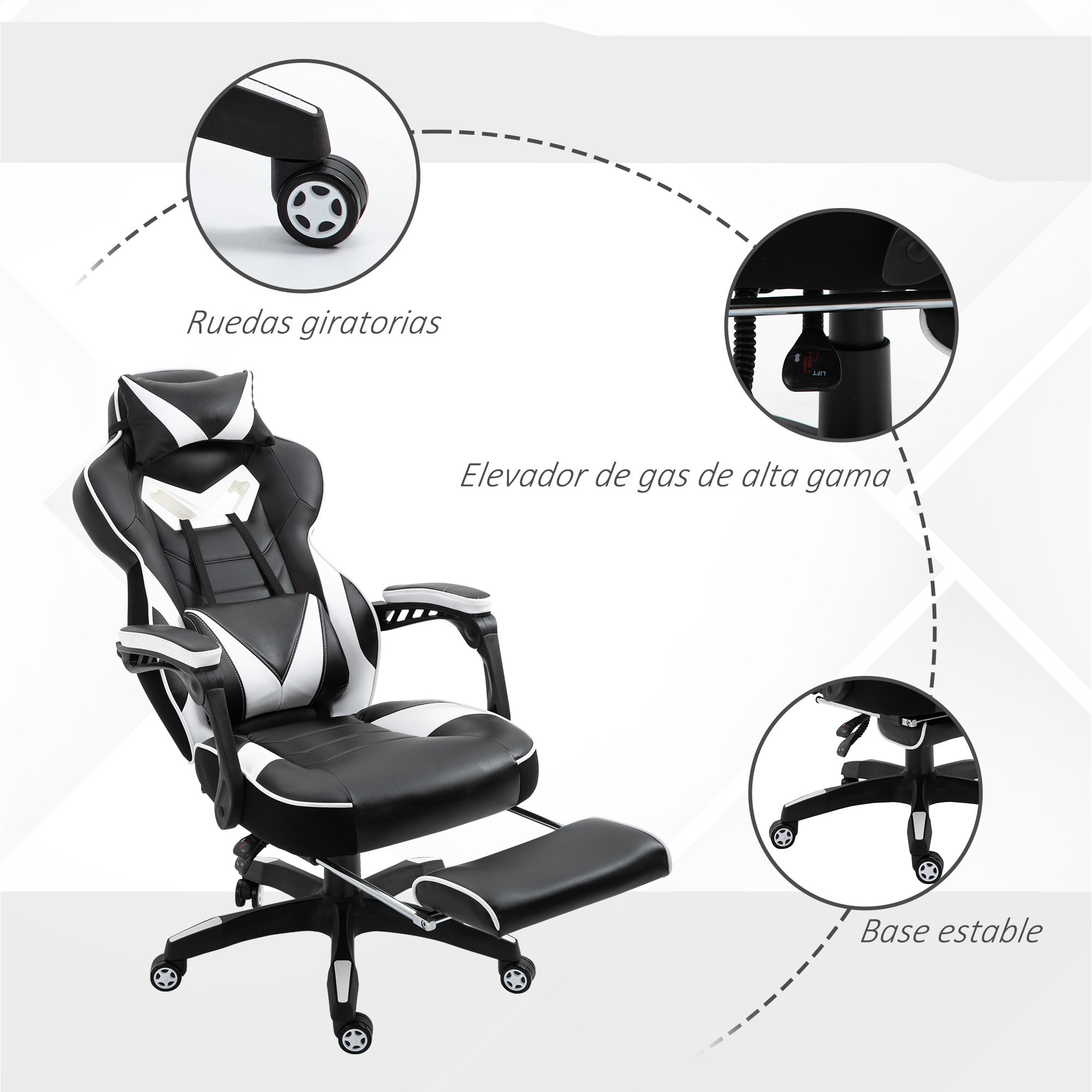 Silla Racing de Escritorio Reclinable Negro y Blanco