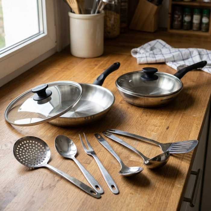 Set 2 poêles en inox, couvercle verre et 6 ustensiles inox Fackelmann Geneva
