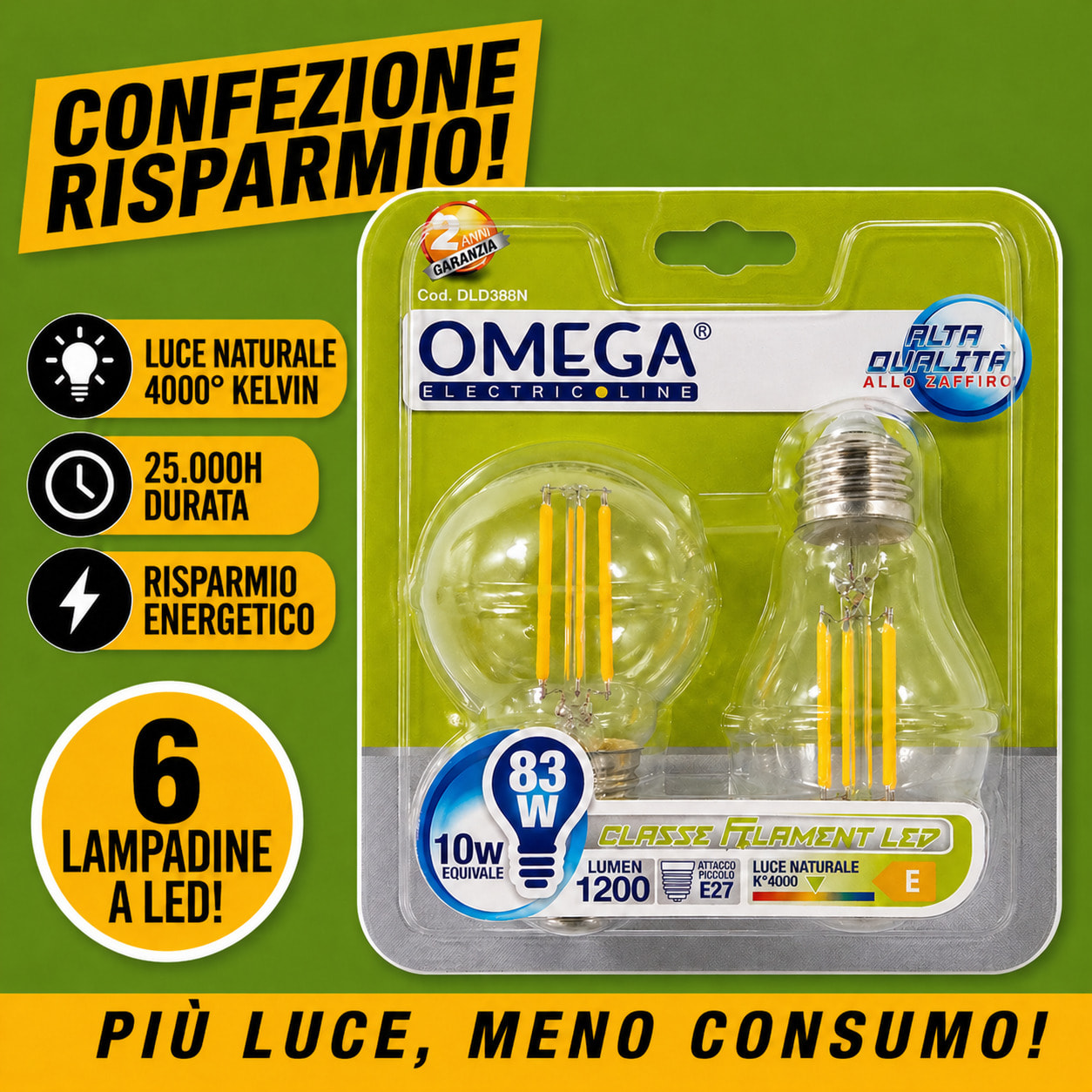 OMEGA Set 6 Lampadine Filament LED 10W E27 4000K