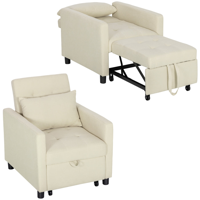 Sofá Cama de 1 Plaza 3 en 1, Sillón Cama Tapizado en Lino, con Respaldo Ajustable de 3 Niveles, Almohada Acolchada, para Oficina, Dormitorio, Salón, 69x82,5x84 cm, Beige