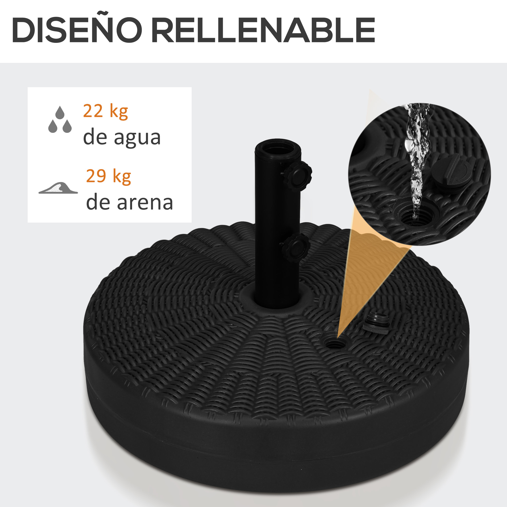 Base de Sombrilla Redondo Soporte para Parasol Rellenable de Agua 22 kg y Arena 29 kg para Poste de Parasol de Ø38/48 mm Superficie de Imitación de Ratán Ø51x36 cm Negro