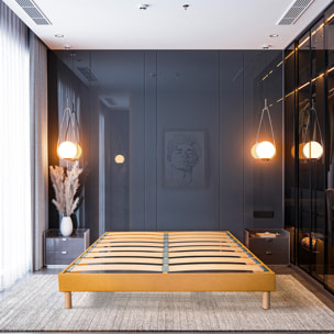 Sommier Lumière Technologie Tri-Lattes, tissu jaune, Bois Épicéa, H30 cm, Lattes Actives, Aération Optimale