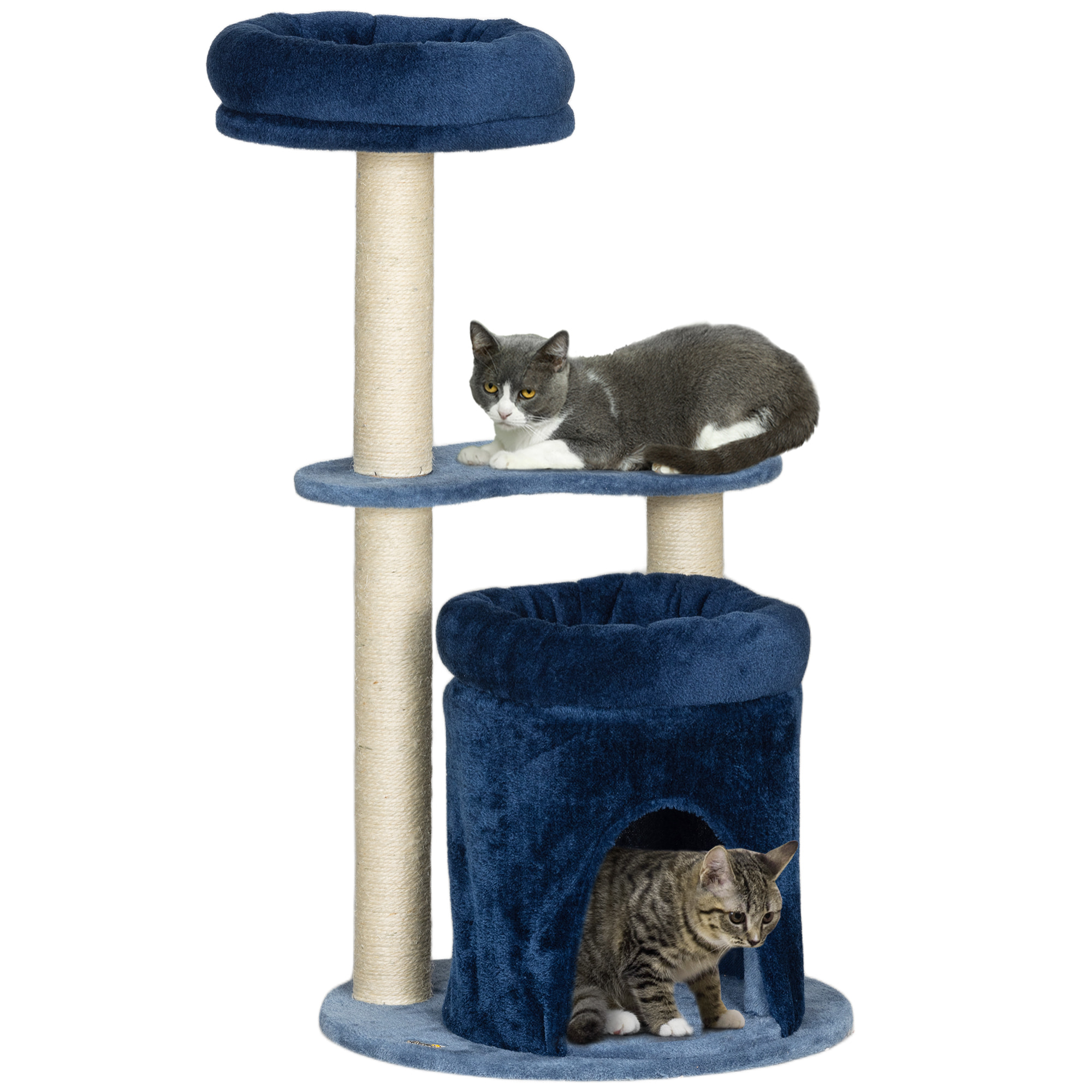 Arbre à chat design - niche, 2 plateformes, 2 coussins, griffoirs - peluche bleu roi