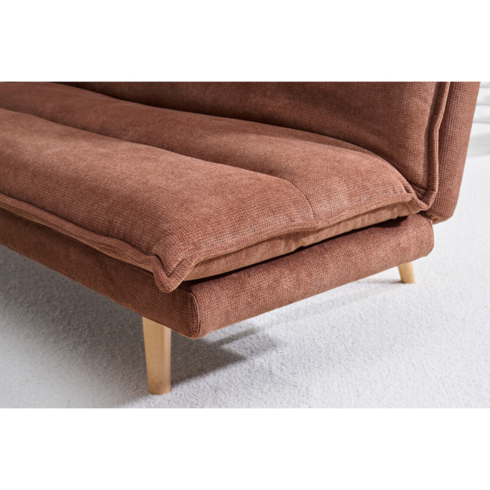 Canapé convertible 3 places en tissu chenille terre brûlée et bois clair BINGO
