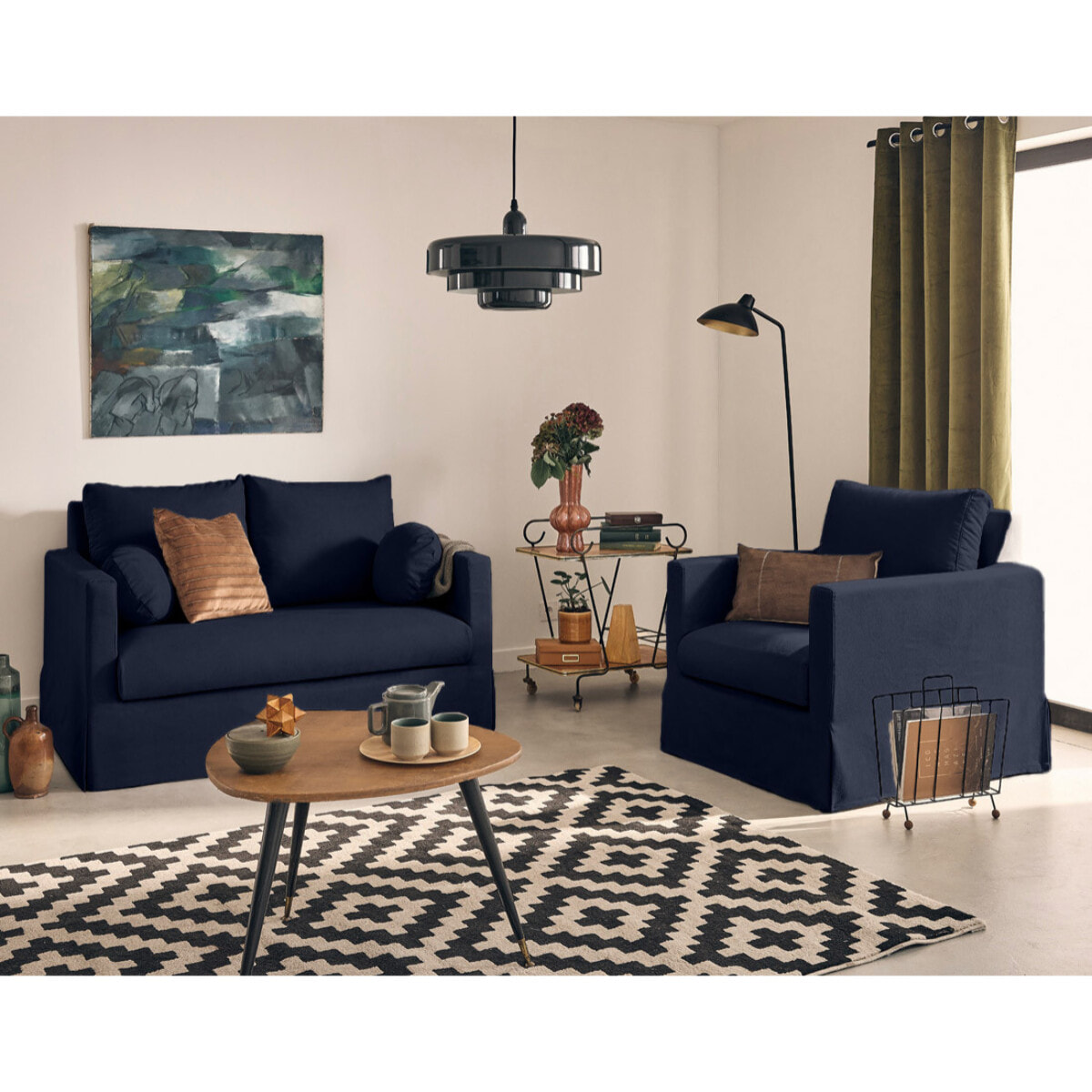 Serena - canapé droit déhoussable 2 places en tissu - Bleu marine