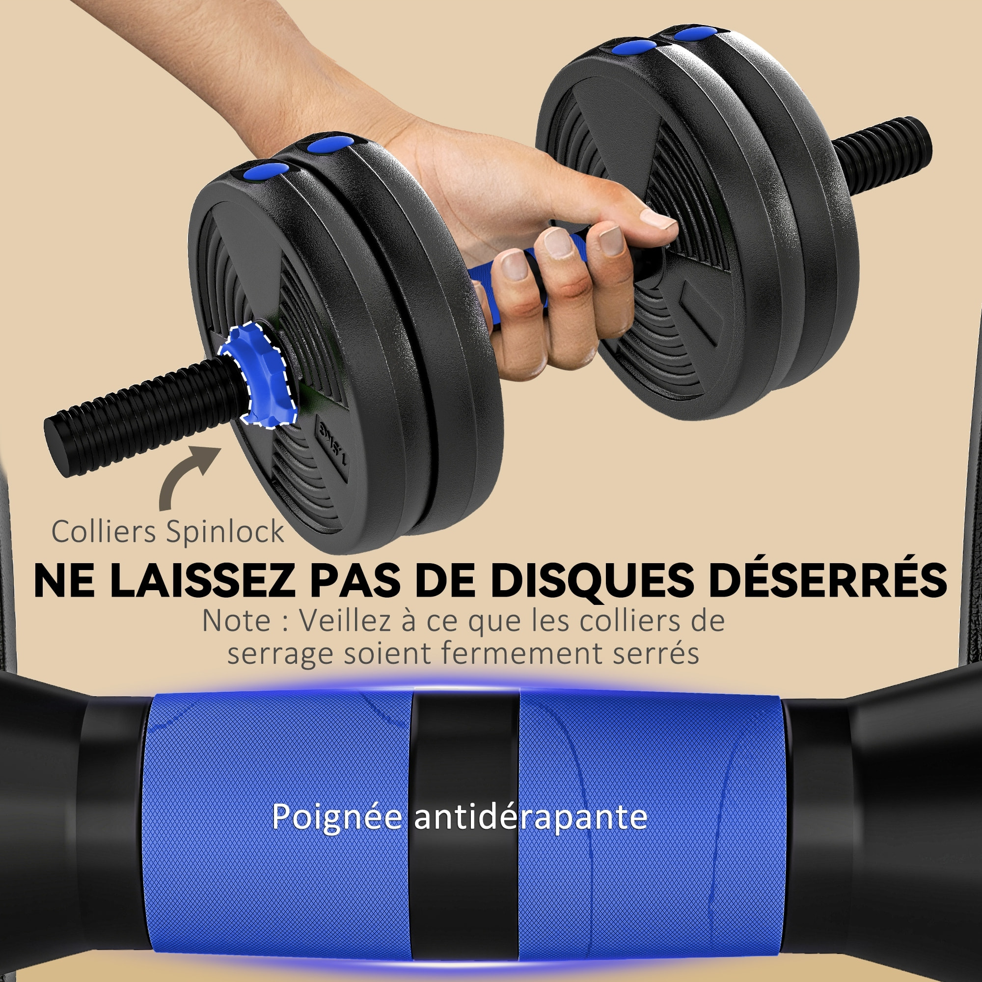 Ensemble d'haltères musculation multifonction 3 en 1 - haltères, Olympic barre, Curl EZ barre - total 15Kg - PVC bleu noir