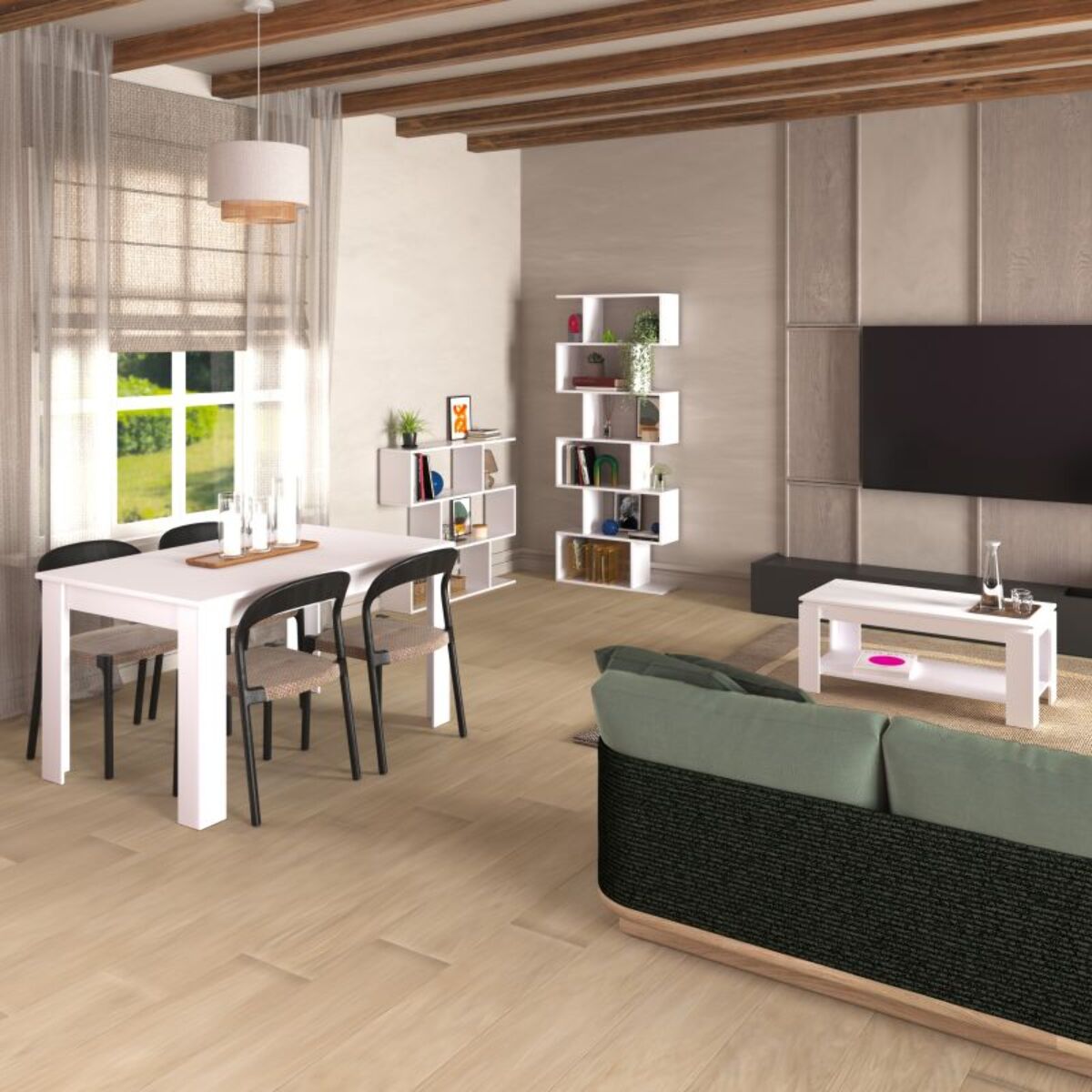 Pack mesa de comedor 140 y mesa de centro Lya Blanco Artik (Blanco Mate)