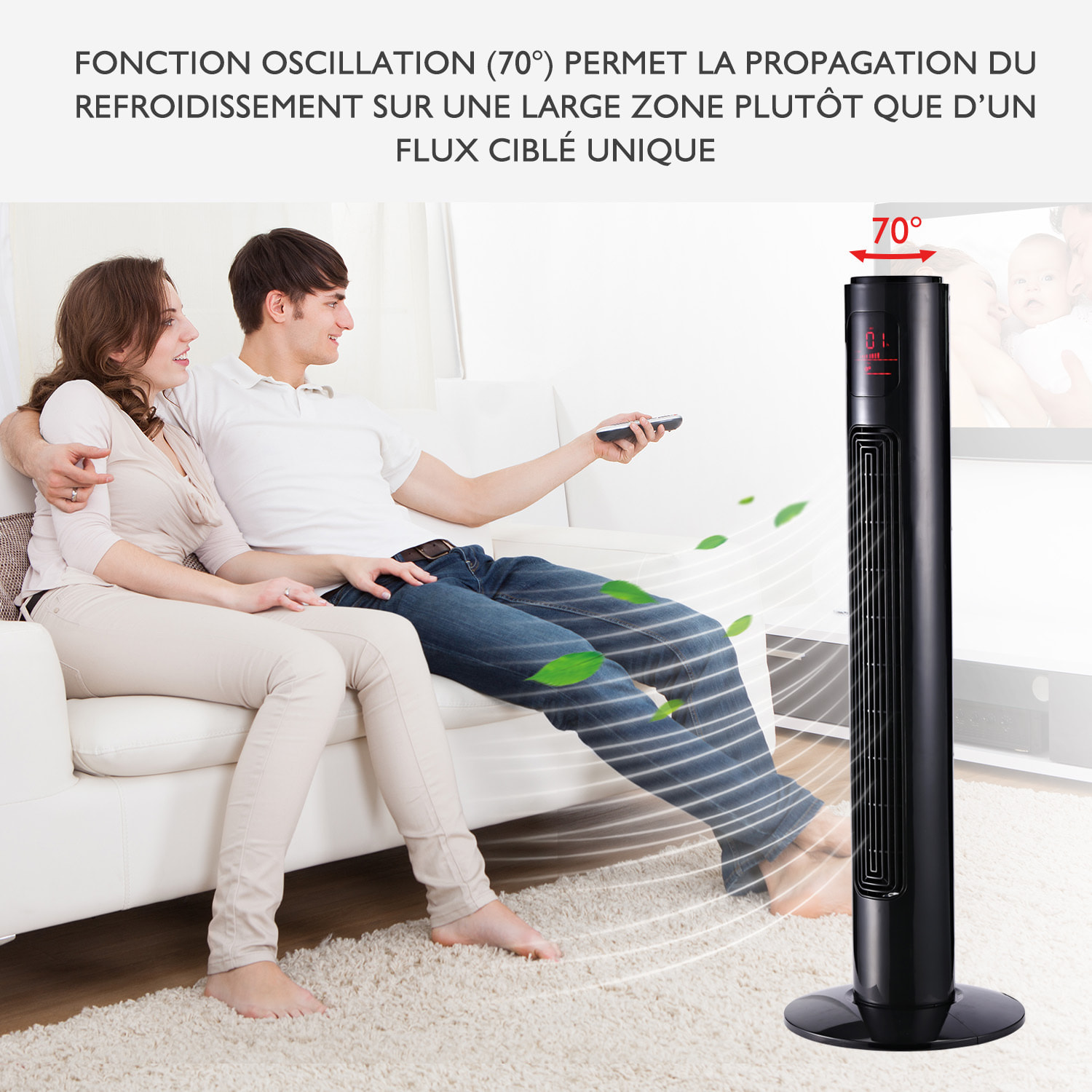 Ventilateur colonne tour 45 W programmable oscillant avec télécommande noir