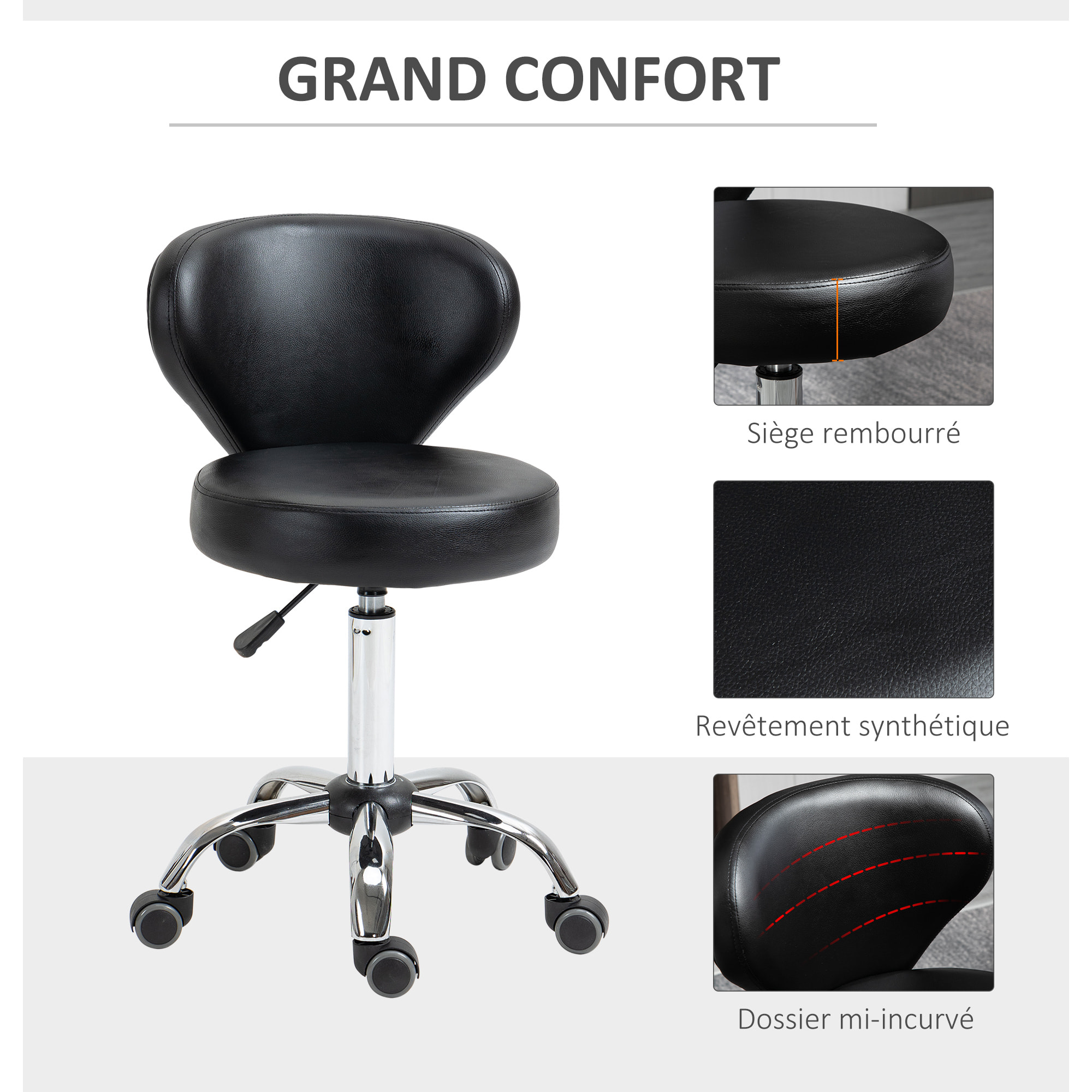 HOMCOM Tabouret de massage - tabouret de travail pivotant 360° - assise réglable 49-64H cm, dossier ergonomique - métal chromé revêtement synthétique noir