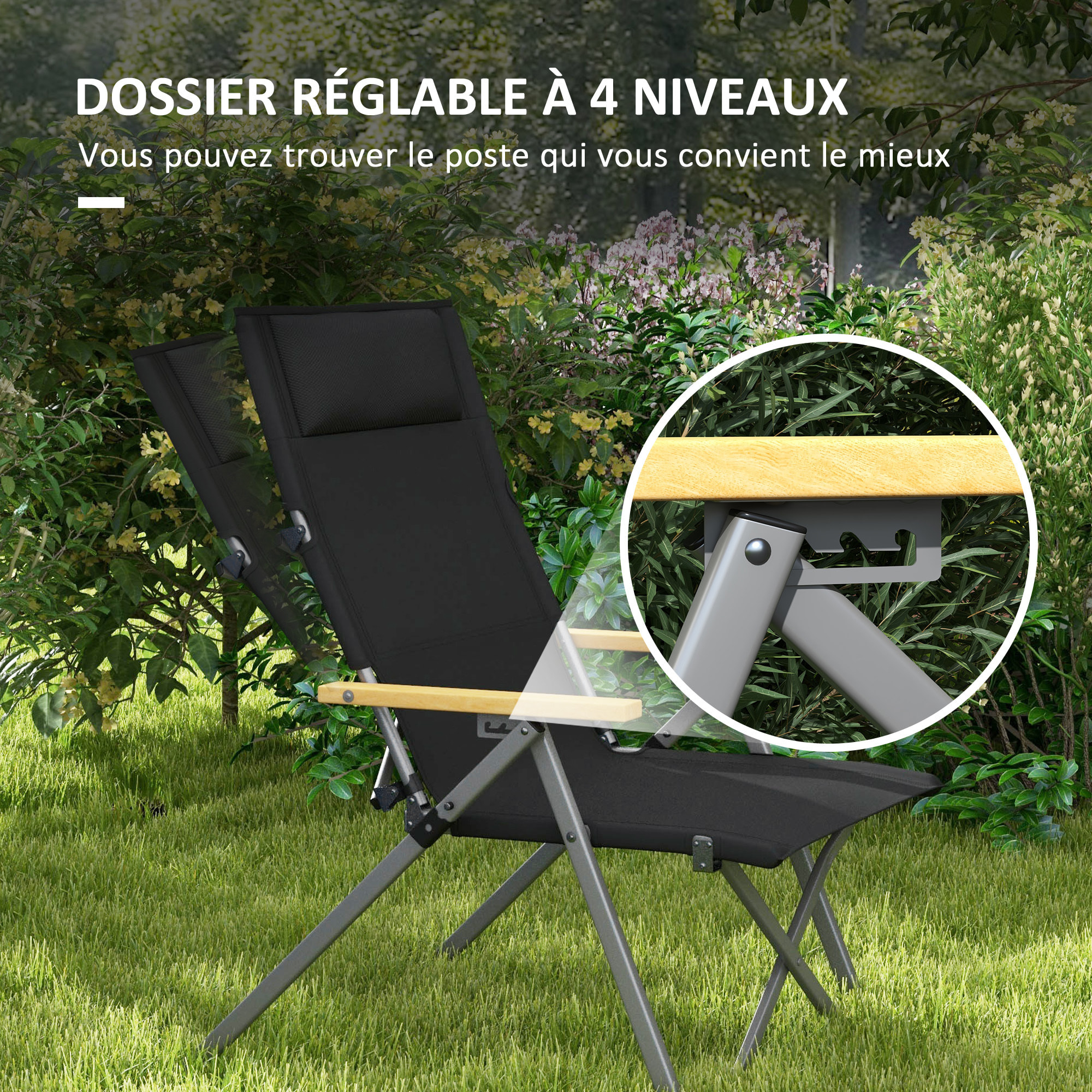 Chaise de camping pliable portable inclinable pochette rangement tétière alu accoudoirs bois noir