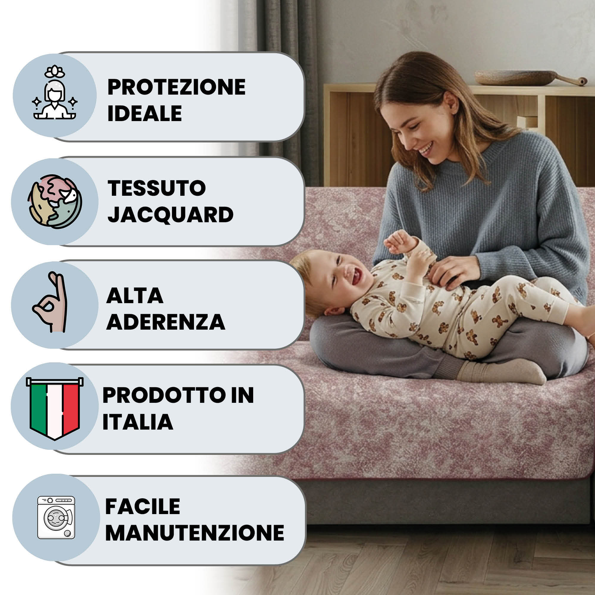 COPRIDIVANO GLAMOUR con Penisola DESTRA, Antiscivolo, Cotone+Microfibra+Fibre Varie, Made in Italy - BORDEAUX