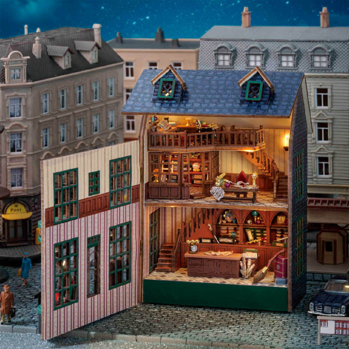 Tienda de magia. Maqueta 3D con diseño de panel de puerta abierta, realista con gran detalle y luces led.