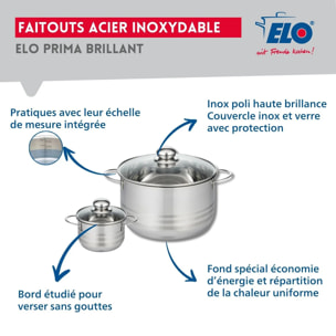 Ensemble de 1 Poêle de cuisson 24 cm et 2 faitouts 12 et 24 cm Elo Profi Brillant