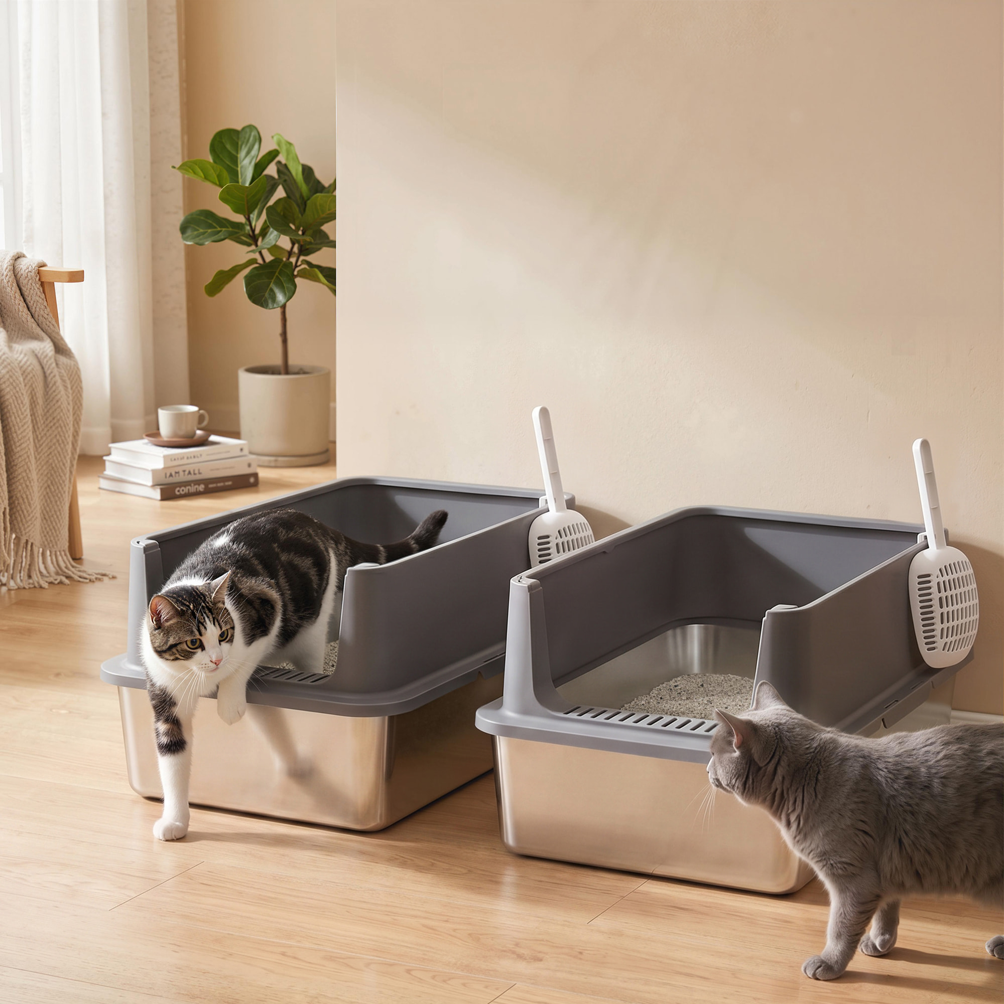 Juego de 2 Areneros Gatos de Acero Inoxidable XL Caja de Arena Grande con Borde Alto, 2 Palas, para Gatos Grandes y Gatitos Múltiples, Fácil de Limpiar, Antifugas, Antiadherente, Gris Oscuro
