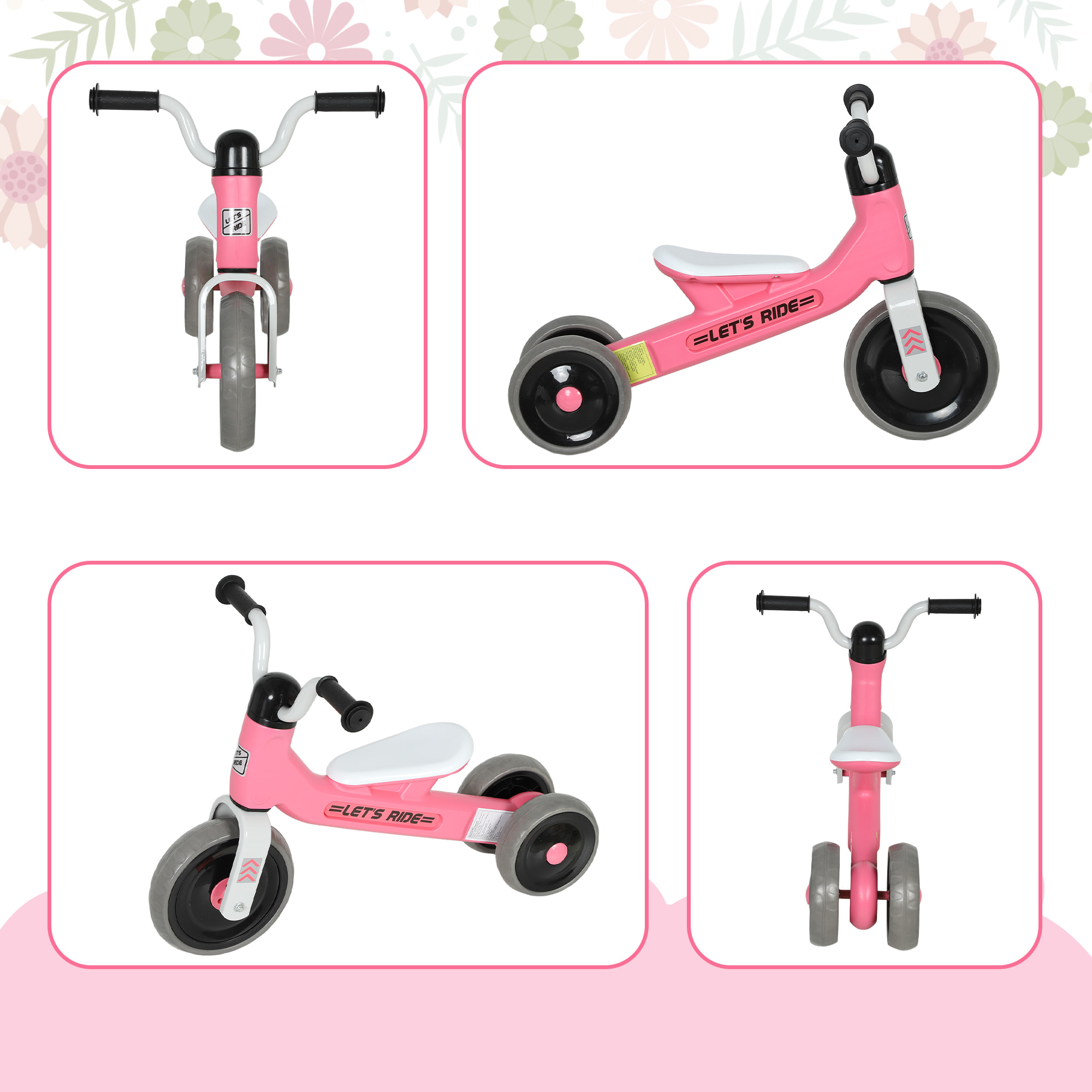Draisienne 3 roues enfant 12-36 mois pneu EVA silencieux grande selle métal rose blanc