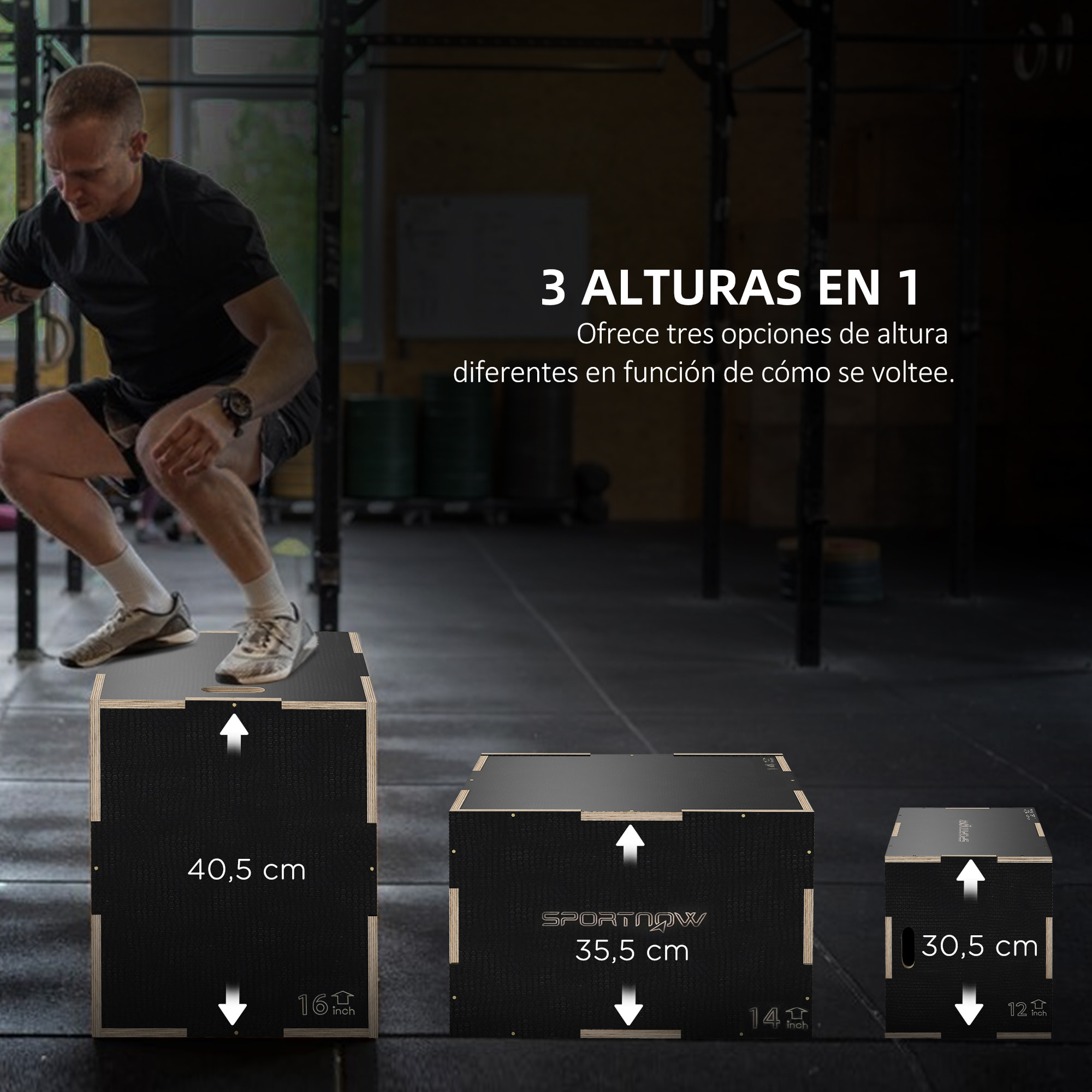 Cajón Pliométrico Caja Pliométrica con 3 Alturas Diferentes Entrenamiento de Fuerza en Casa Oficina Gimnasia CrossFit Carga 120 kg 40,5x35,5x30,5 cm Negro