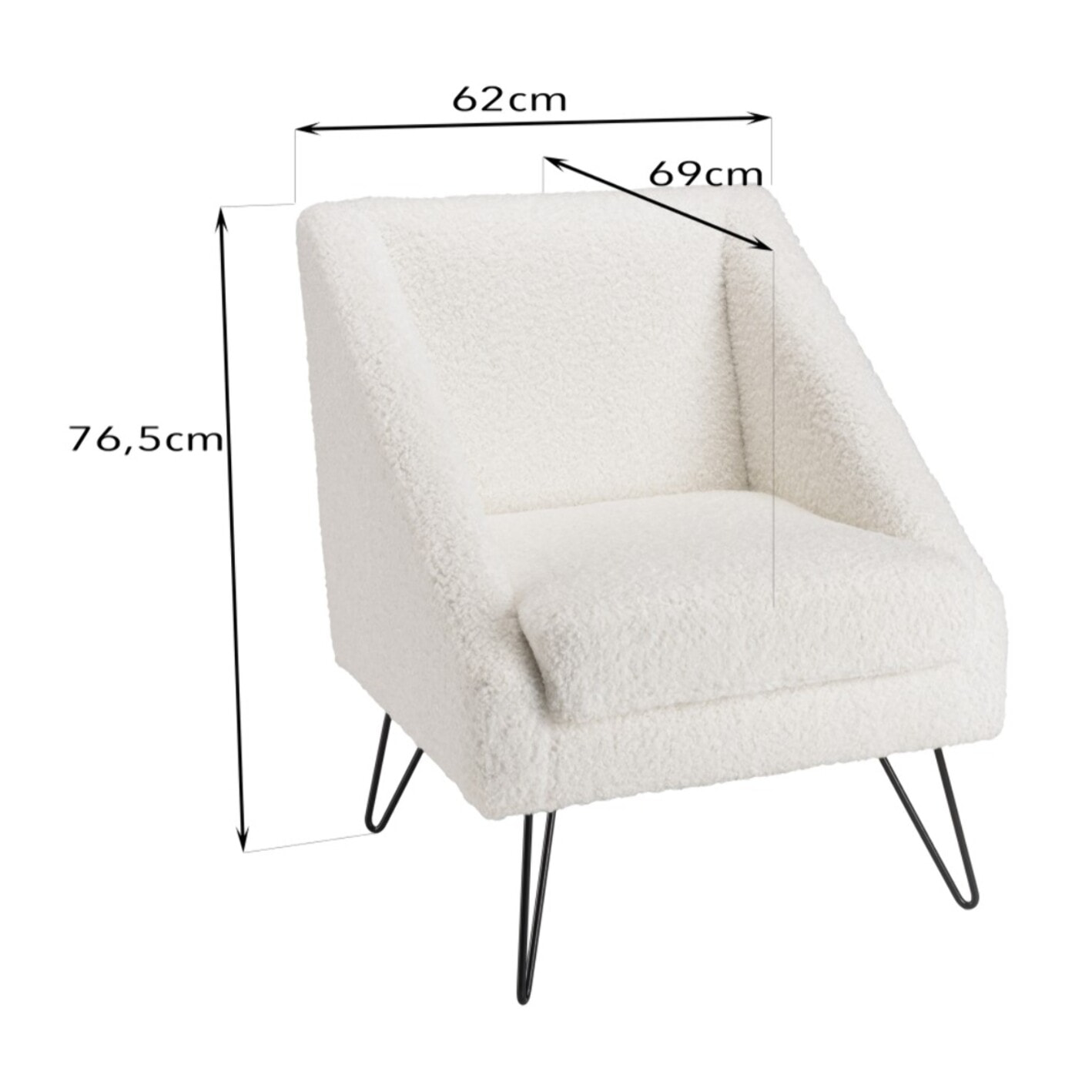 AGATHE - Fauteuil tissu bouclette blanc pieds épingles métal noir