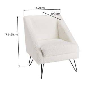 AGATHE - Fauteuil tissu bouclette blanc pieds épingles métal noir