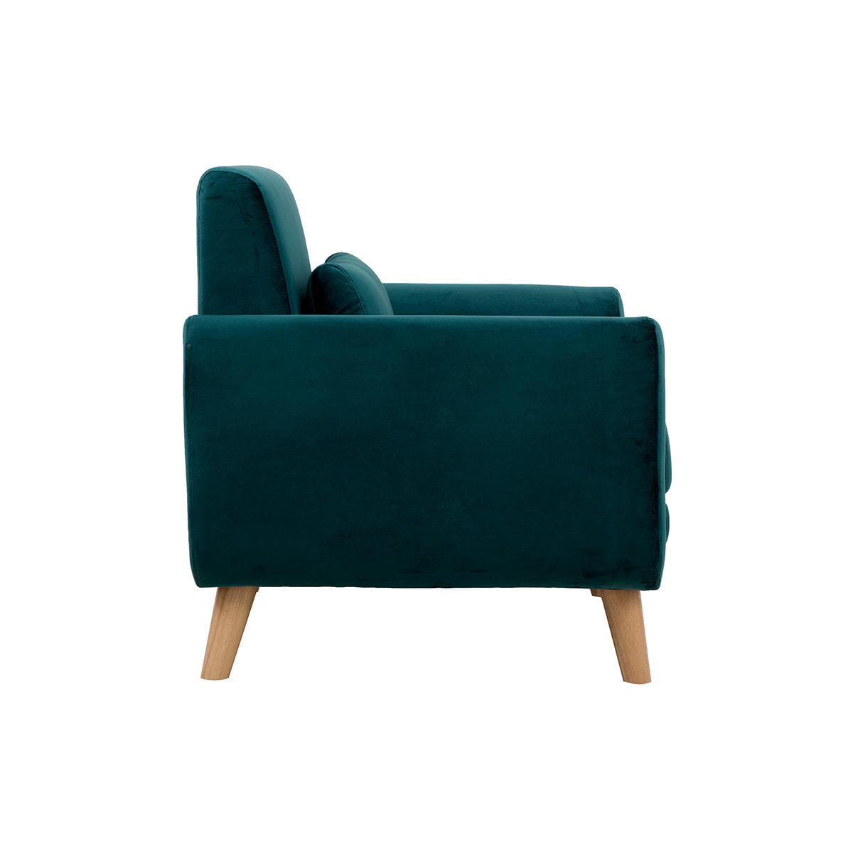 Fauteuil scandinave en tissu velours bleu pétrole et bois clair EKTOR