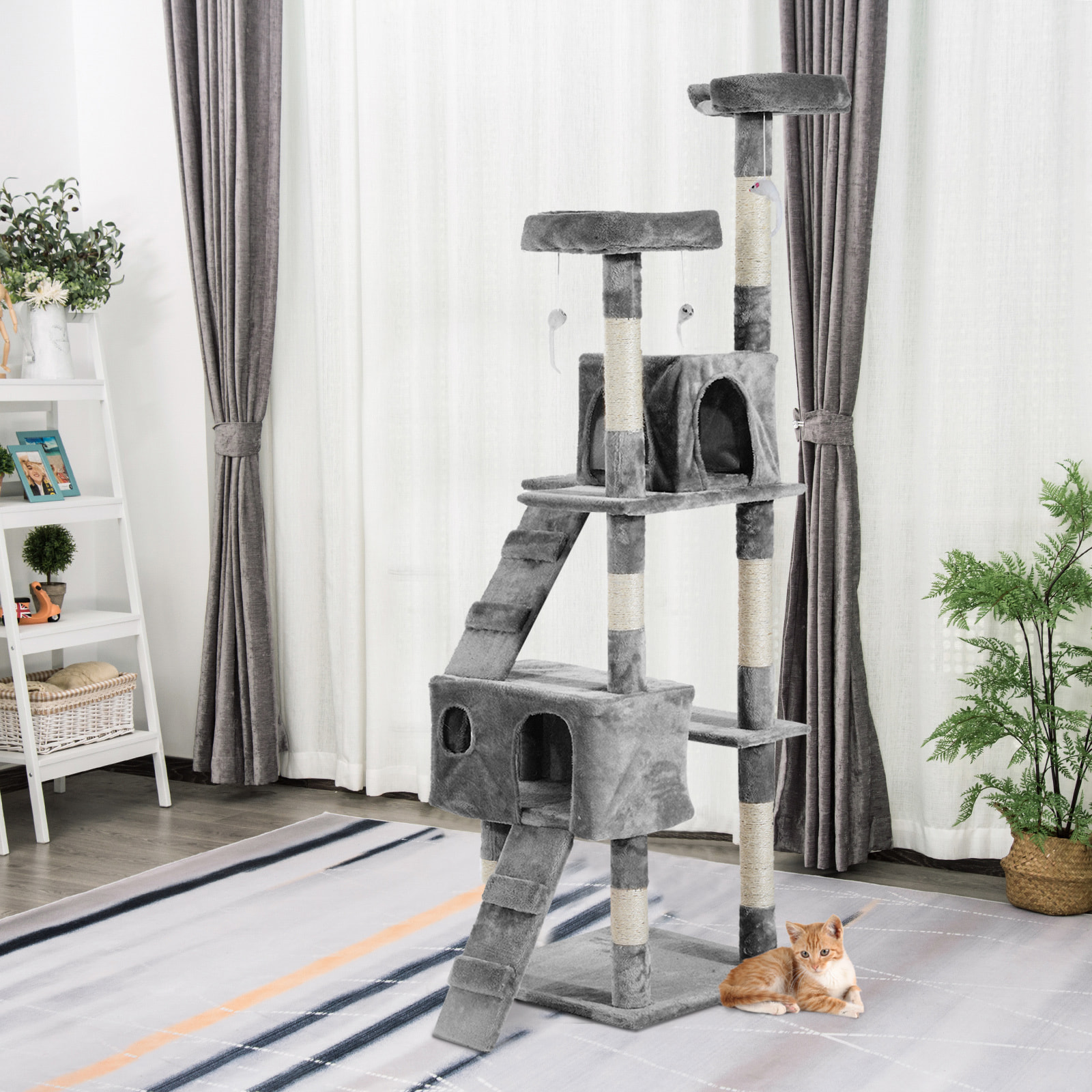 Árbol Rascador para Gatos Grande 49x49x173 cm con Múltiples Niveles con Cuevas Escaleras Juguetes Colgantes Camas Centro Actividades Sisal Gris