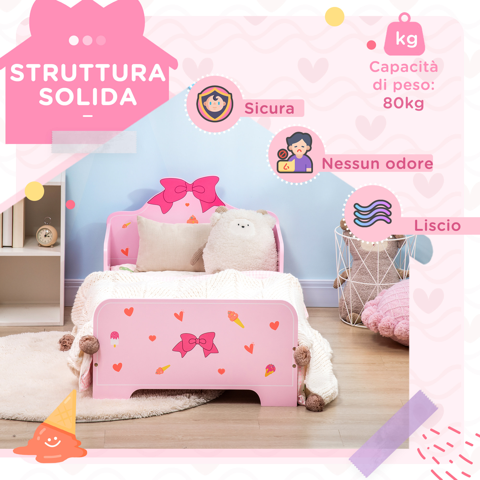 ZONEKIZ Letto per Bambini con Sponde e Fantasia a Fiocchi e Cuori, Età 3-6 Anni, 143x74x59cm, Rosa